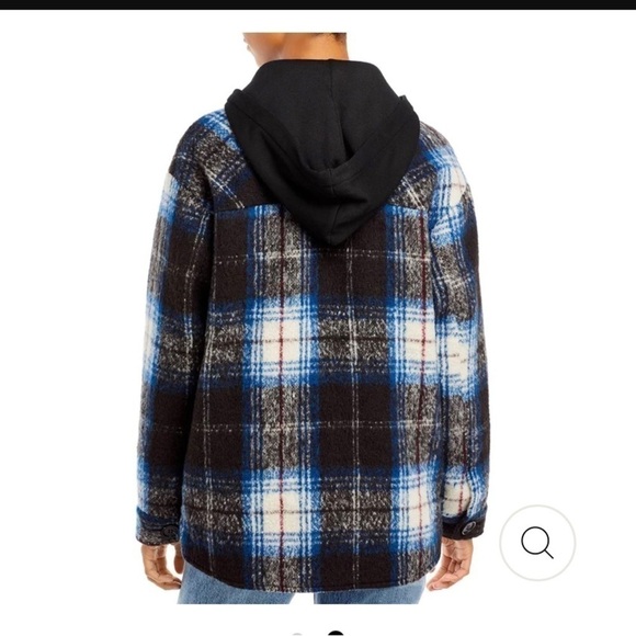 Aqua navy and black plaid Shacket with detachable hood. Size XL. NWT - Picture 2 of 5